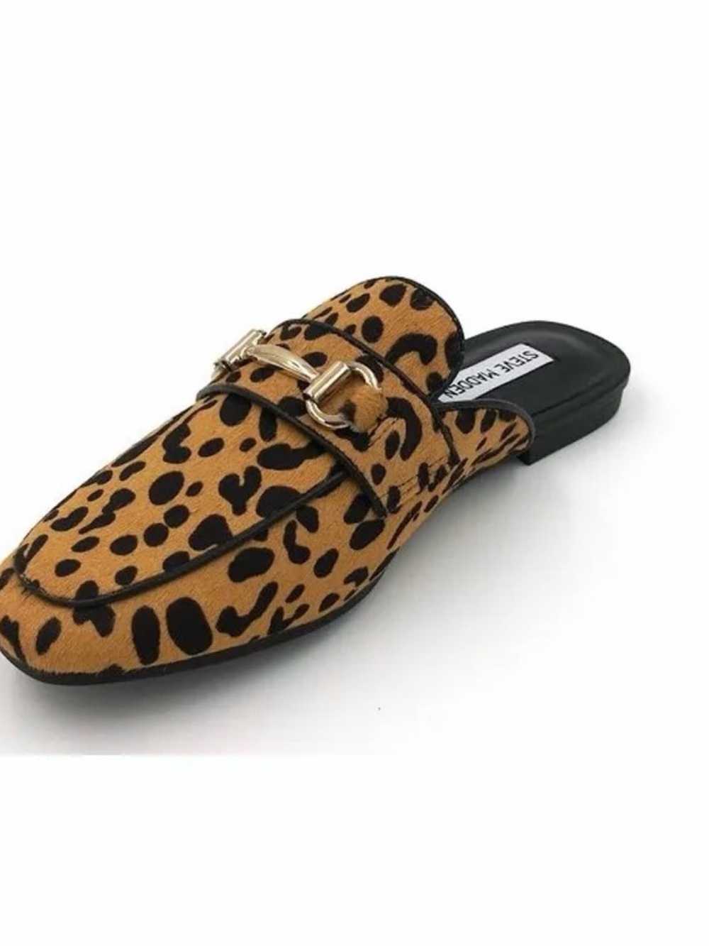 Steve Madden Leopard-Print Slip-On Mule in Tan and Black with Gold Buckle